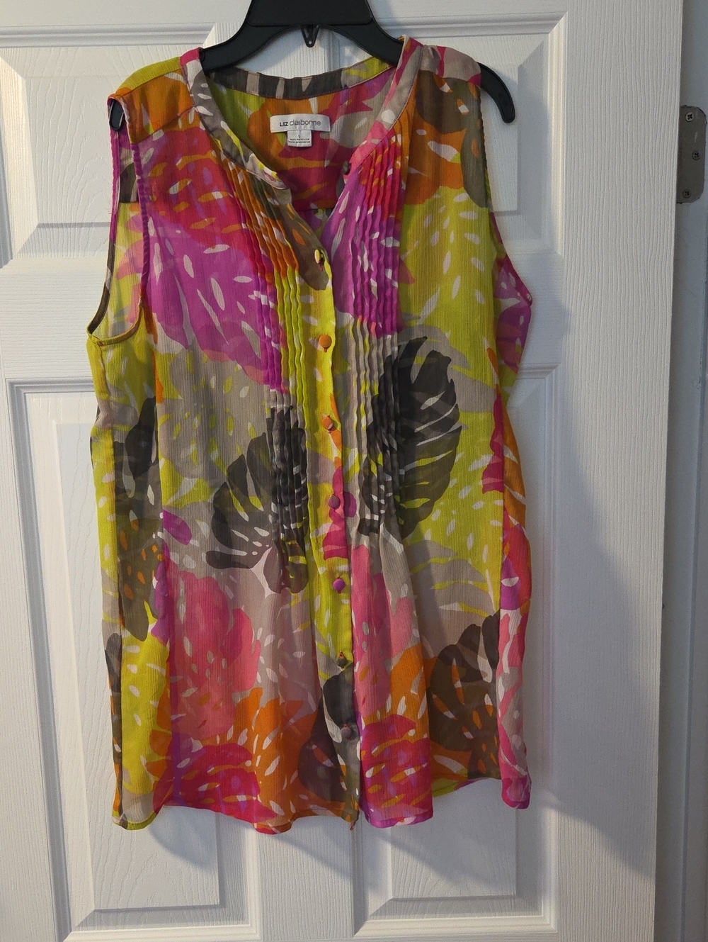 Liz Claiborne-Sz. L Sleeveless Button Down Blouse-multi-colored